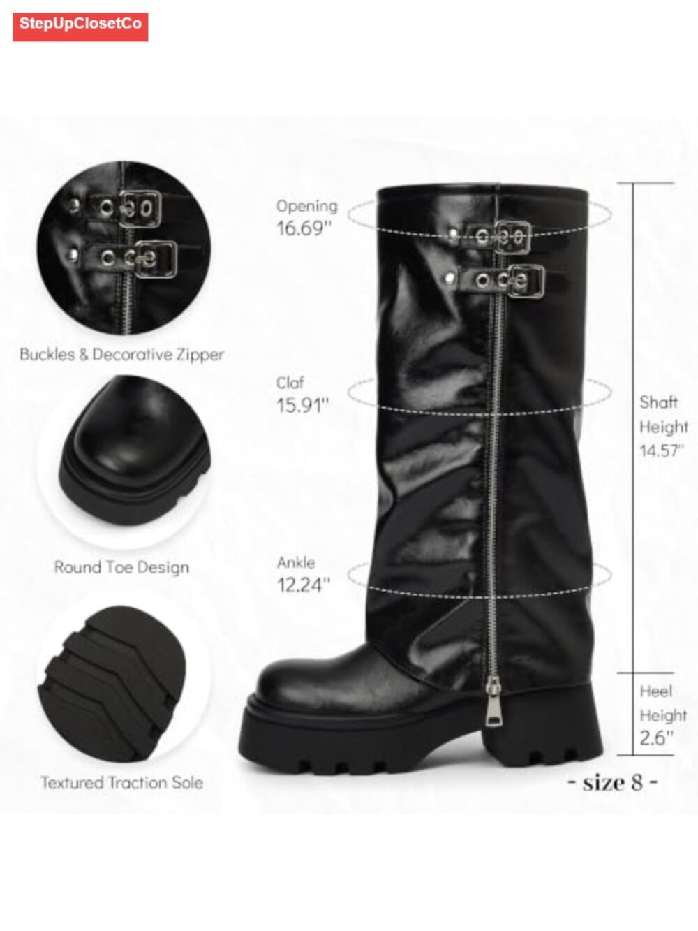 Women's Knee High Moto Riding Boots Foldover Block Heel Platform Faux Leather - Picture 4 of 6